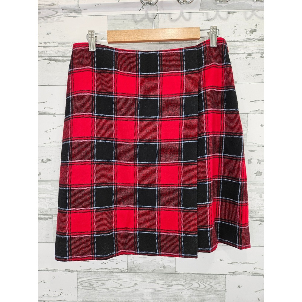 Talbots Red Black Plaid Wool Blend Wrap Mini Skirt Size 8 Tartan Preppy Classic